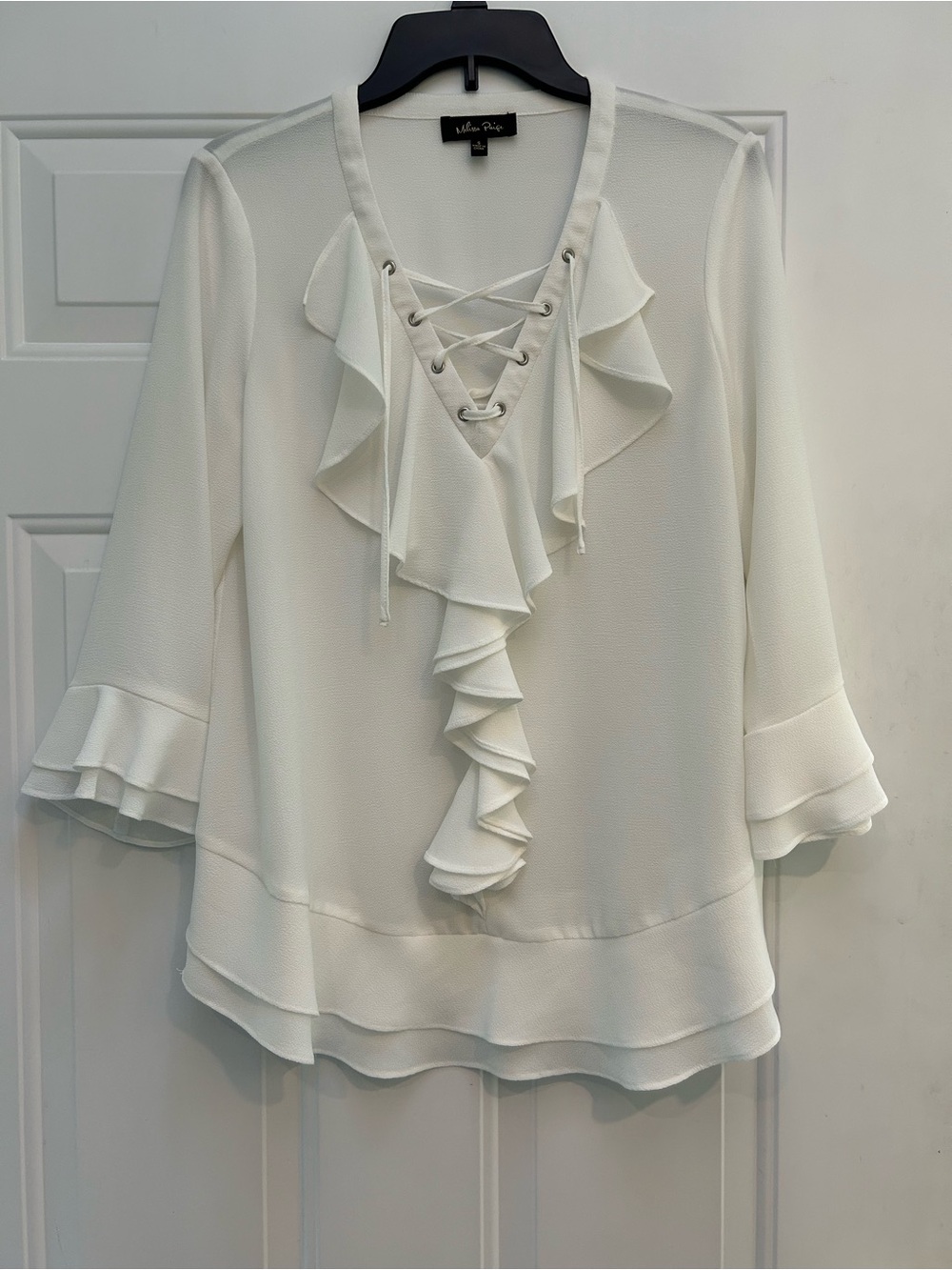 Melissa Paige White Ruffle Lace-Up V-Neck Blouse S